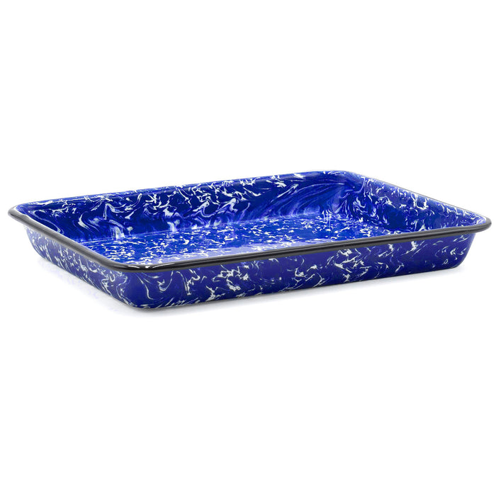 Red Co. 11" x 9" Enamelware Metal Classic 2 Quart Rectangular Serving Tray, Navy Blue Marble/Black Rim - Splatter Design