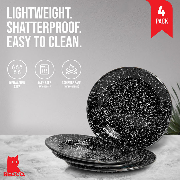 Red Co. Set of 4 Enamelware Metal Classic 10" Round Dinner Plate, Black Marble/Black Rim - Splatter Design