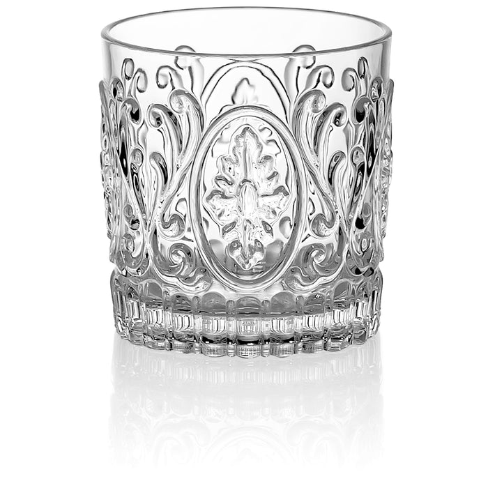 Red Co. Set of 4 Unbreakable Reusable Acrylic Vintage Embossed 14 Fl Oz Lowball Tumblers, Clear