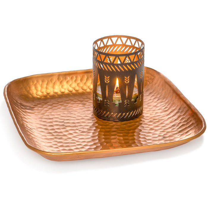 Red Co. 9” x 9” Decorative Square Hammered Metal Centerpiece Serving Tray, Copper