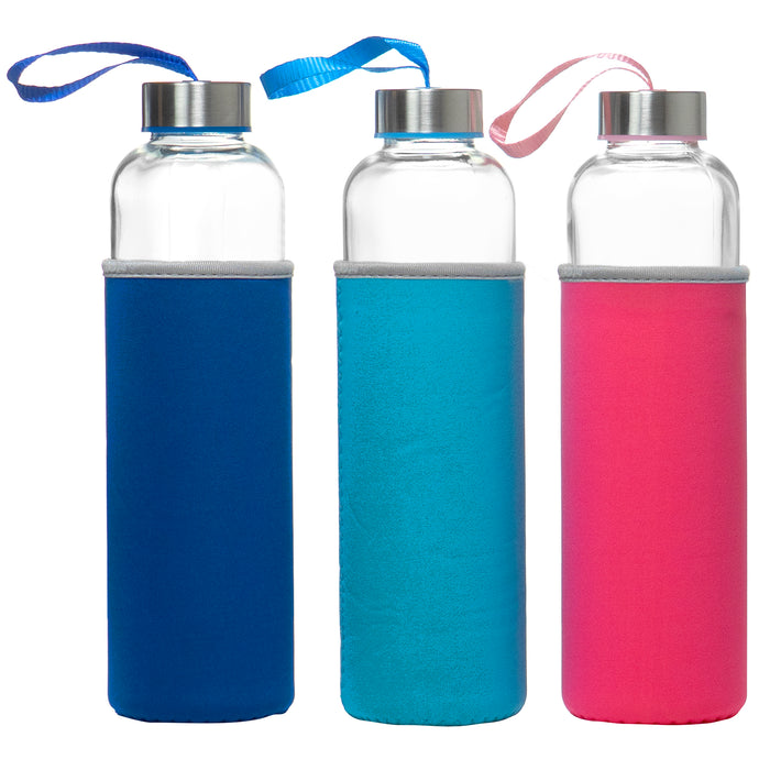 Red Co. 20.3 Fl Oz Glass Water Bottles with Stainless Steel Lids and Assorted Protection Sleeves, Set of 3