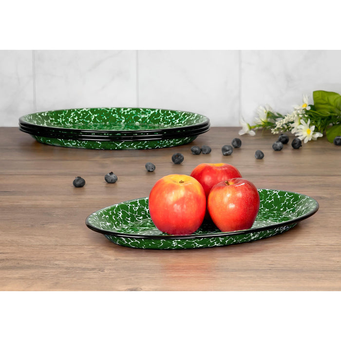 Red Co. Enamelware Metal Classic 13" Serving Oval Tray Platter, Dark Green Marble/Black Rim - Splatter Design