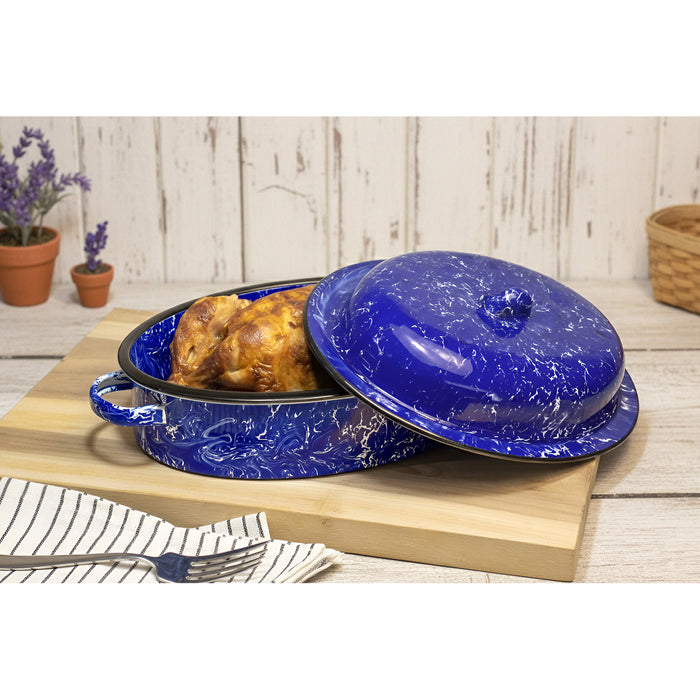 Red Co. Enamelware Metal Classic 3.6 Quart 12" Roasting Pan with Dome Lid, Navy Blue Marble/Black Rim - Splatter Design