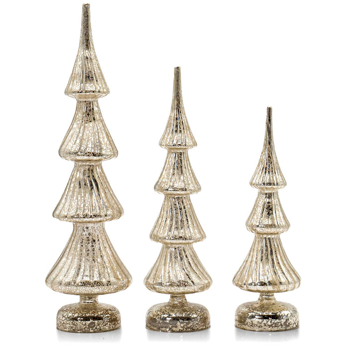 Red Co. Set of 3 (17.5”, 14”, 12”) Glass Light-Up Decorative Tabletop Christmas Tree Holiday Figurine with LED Lights, Mercury Silver