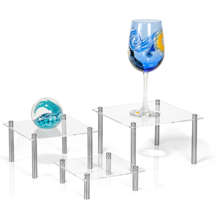 Red Co. Set of 3 (6”, 7”, 8”) Square Clear Acrylic Tabletop Display Risers with Silver Metal Legs