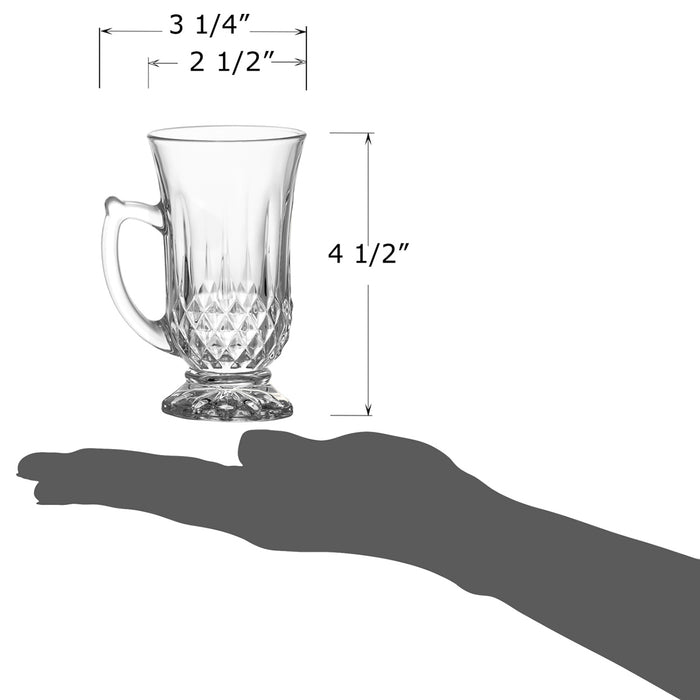 Red Co. 6-Pack Classic Clear Cut Glass 4.5 Oz Footed Turkish Tea Cups with Handles, Etched Design