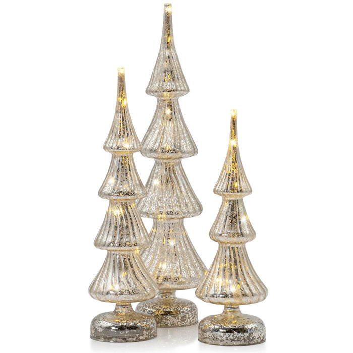 Red Co. Set of 3 (17.5”, 14”, 12”) Glass Light-Up Decorative Tabletop Christmas Tree Holiday Figurine with LED Lights, Mercury Silver