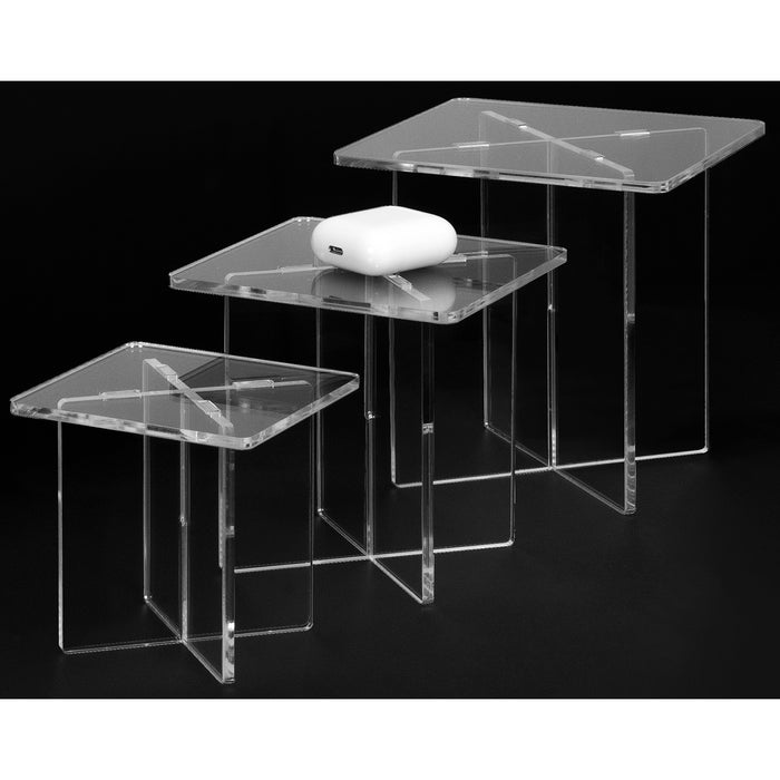 Red Co. Set of 3 Sizes (4”, 5”, 6”) Decorative Square Top Acrylic Cross Leg Pedestal Display Risers, Clear