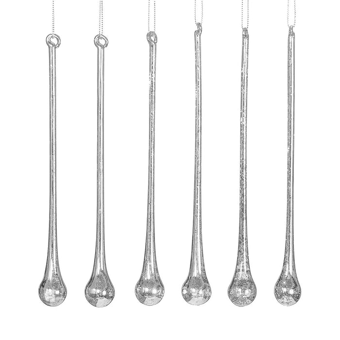 Red Co. Set of 6 Decorative 8" Glass Icicle Drop Hanging Christmas Tree Ornaments, Antique Silver