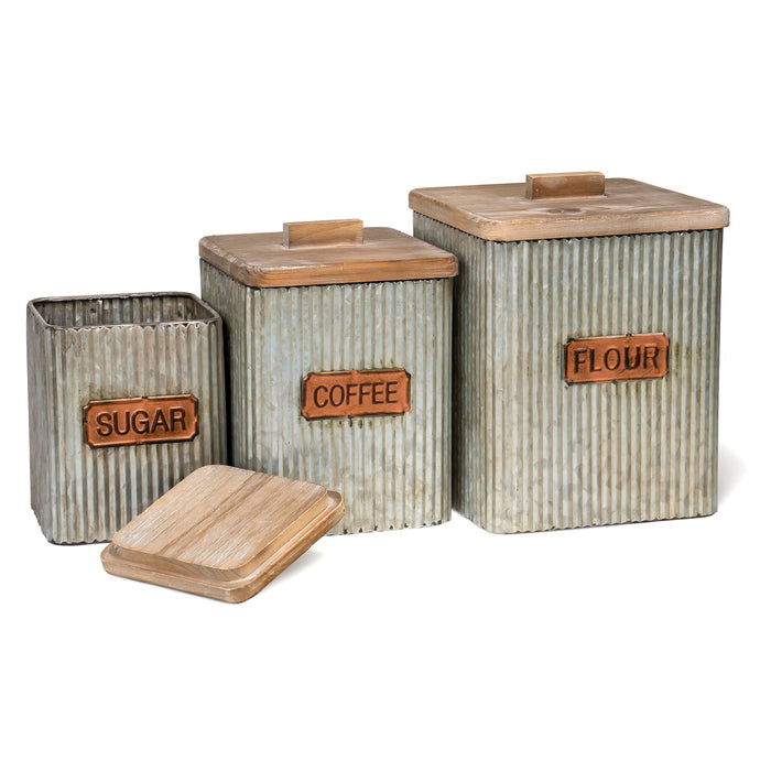 Red Co. Set of 3 Pre-Labeled Sugar, Coffee & Flour Distressed Metal Storage Canister Jars with Wooden Lids
