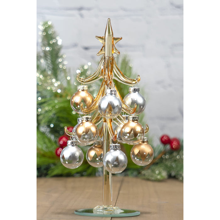 Red Co. 8" Small Glass Tabletop Christmas Tree with Removable Ball Ornaments, Silver & Gold Champagne, Holiday Season Décor