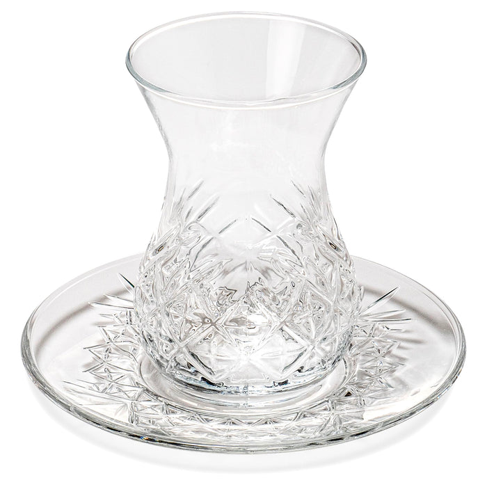 Red Co. Set of 6 Tulip Shaped 6 Fl Oz Cut Glass Turkish Tea Cups with Saucers, Clear