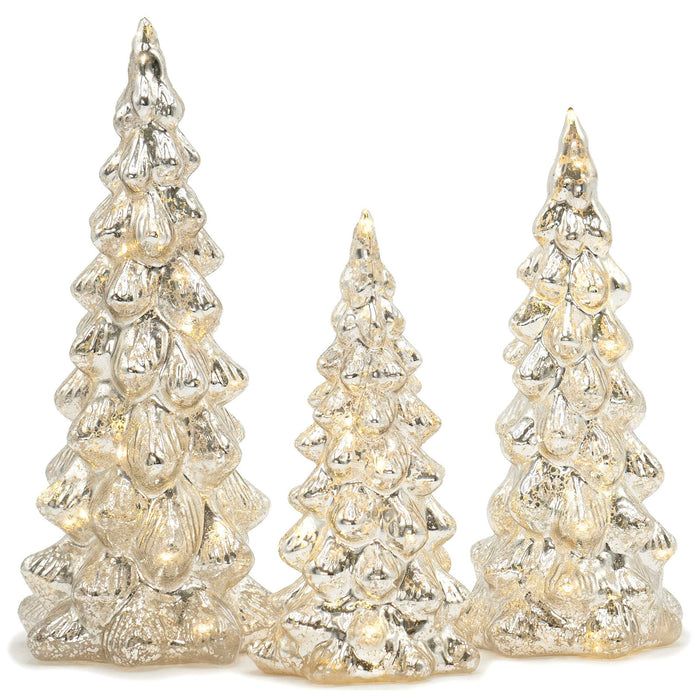 Red Co. Set of 3 (12”, 10”, 8”) Glass Light-Up Decorative Tabletop Christmas Tree Holiday Figurine with LED Lights, Mercury Silver