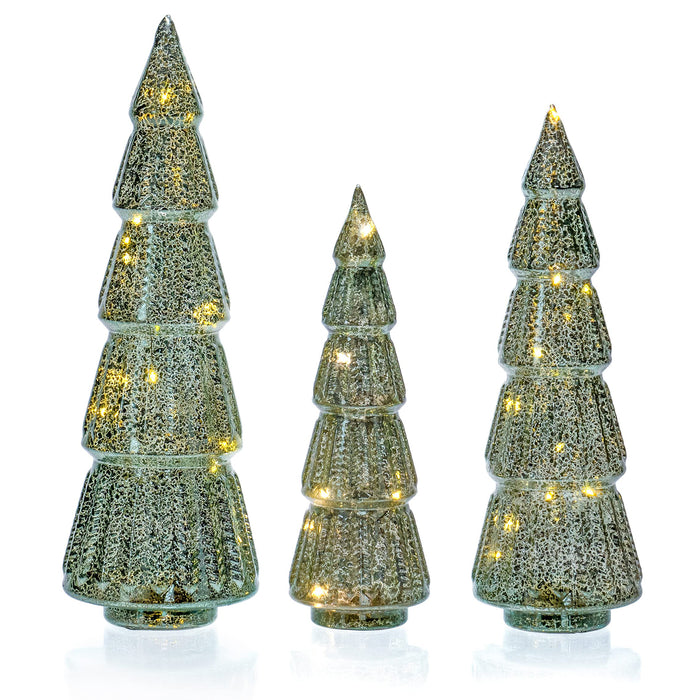 Red Co. 10.5”, 12.5”, 14.5” Light-Up Mercury Glass Christmas Tree Tabletop Display Figurine Set of 3 Sizes, Teal Blue