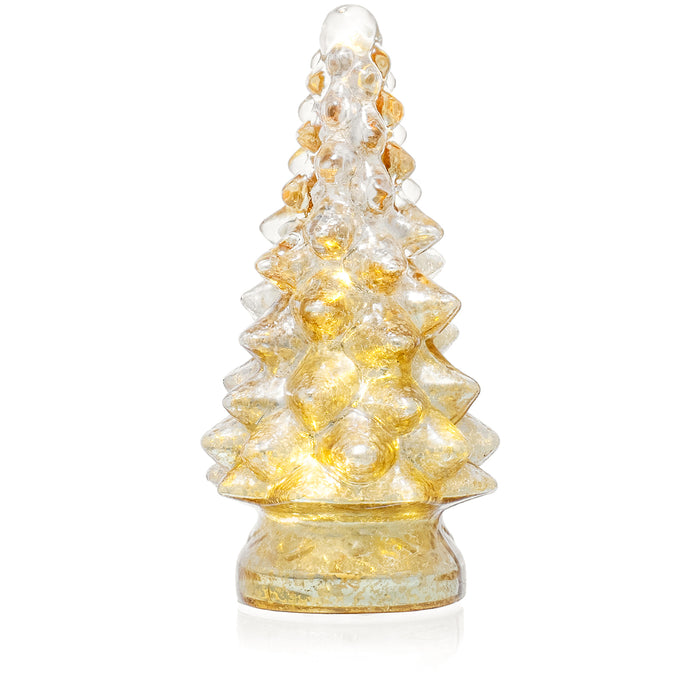 Red Co. 9.75” Light-Up Glass Christmas Tree Tabletop Display Figurine with LED Lights, Mercury Gold
