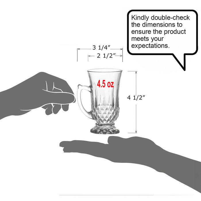 Red Co. 6-Pack Classic Clear Cut Glass 4.5 Oz Footed Turkish Tea Cups with Handles, Etched Design