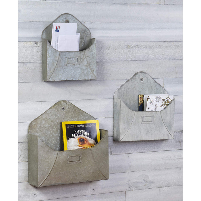 Red Co. Set of 3 (9”, 11”, 13”) Decorative Rustic Wall Mounted Galvanized Metal Wall Pocket Storage Bins