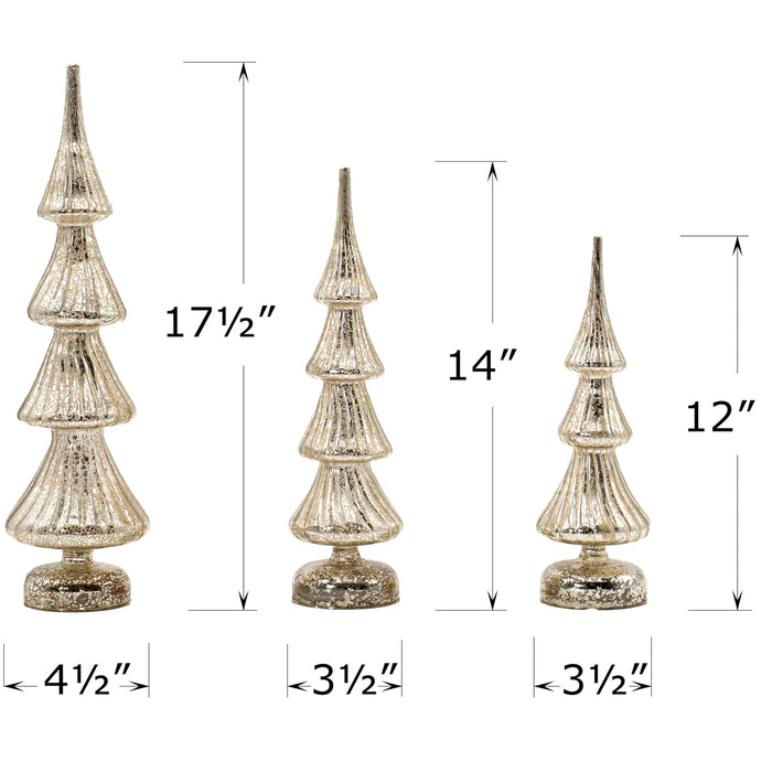 Red Co. Set of 3 (17.5”, 14”, 12”) Glass Light-Up Decorative Tabletop Christmas Tree Holiday Figurine with LED Lights, Mercury Silver