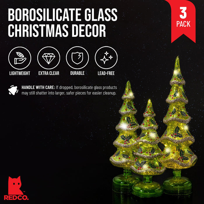 Red Co. Set of 3 (14.5”, 12”, 10.5”) Glass Light-Up Decorative Tabletop Christmas Tree Holiday Figurine with LED Lights, Festive Green