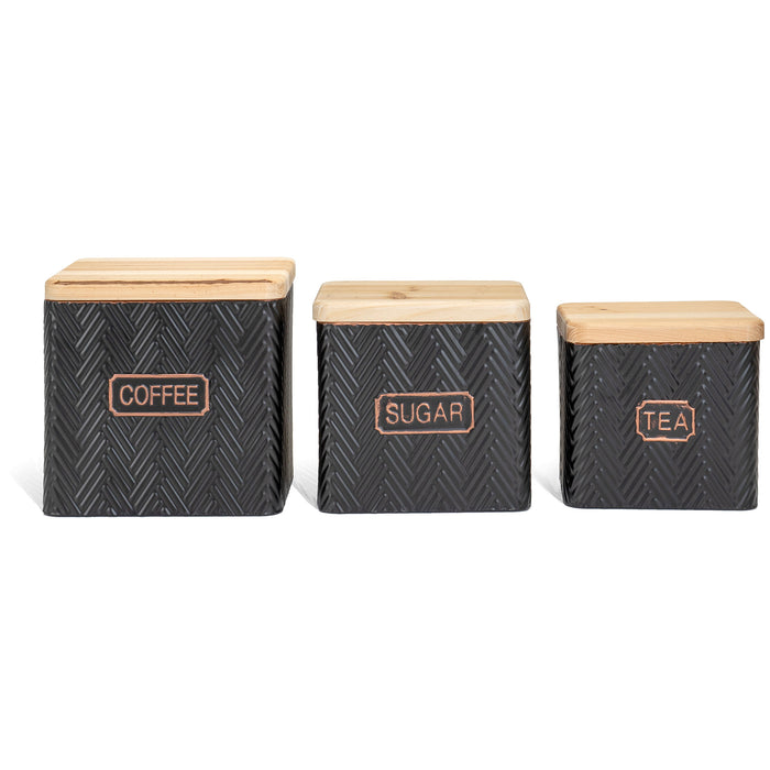 Red Co. Set of 3 Pre-Labeled Embossed Metal Storage Canister Jars with Wooden Lids, Black – Tea, Sugar, Coffee