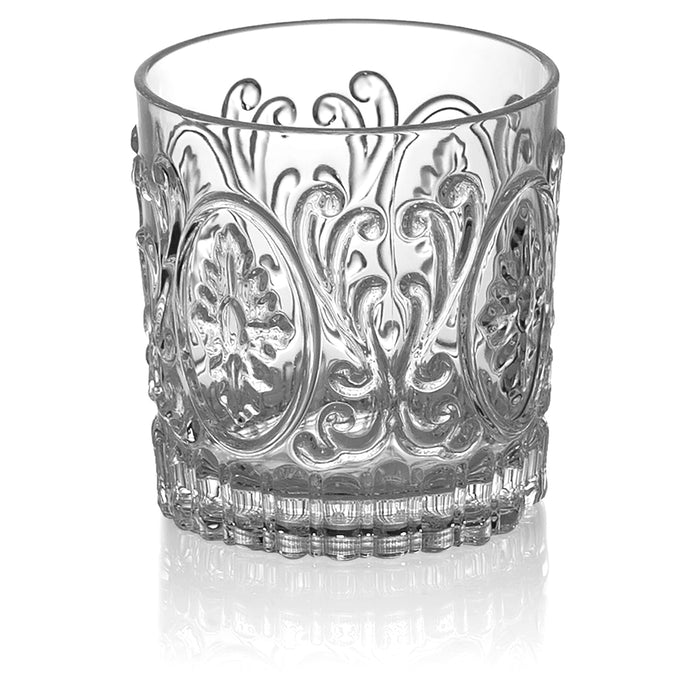 Red Co. Set of 4 Unbreakable Reusable Acrylic Vintage Embossed 14 Fl Oz Lowball Tumblers, Clear