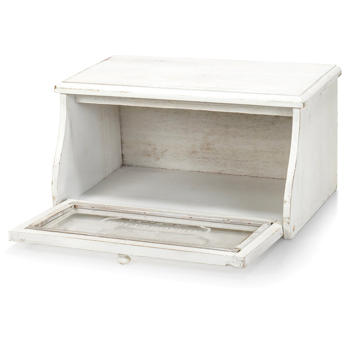 Red Co. 14”x 7” Distressed Wood Bread Storage Box with Acrylic Front & Knob Handle, White