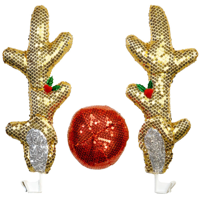 Red Co. 16” Sequined Reindeer Antlers & Nose Christmas Car Costume Kit, Light Brown