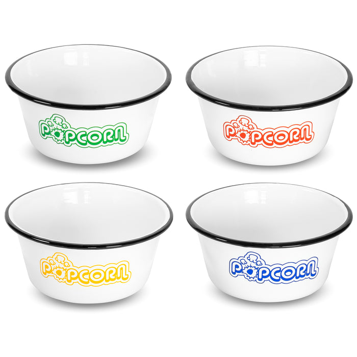 Red Co. Set of 4 White Enamelware Metal Classic 1.2 Quart Popcorn Bowls, Assorted Color Prints/Black Rim