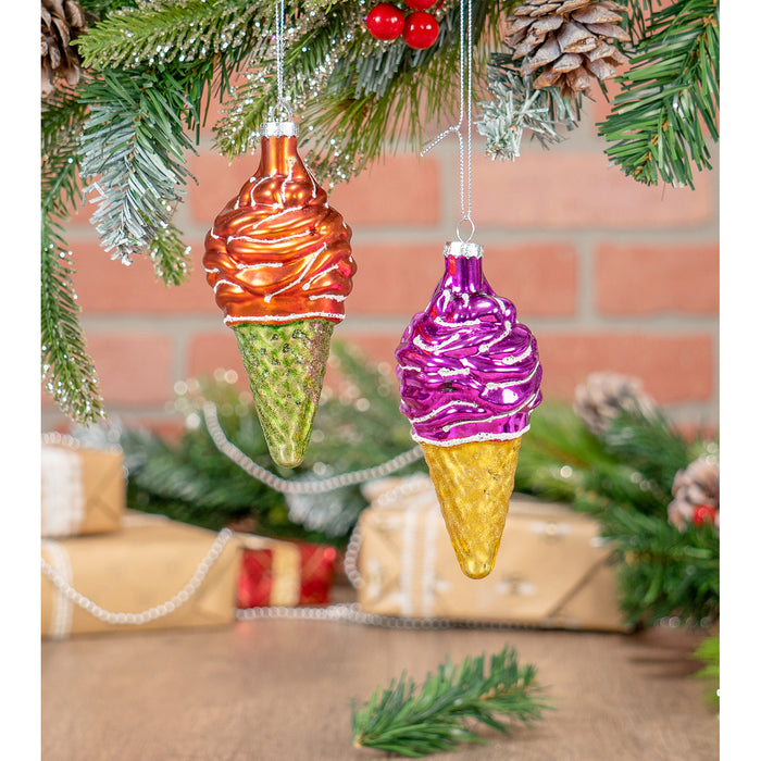 Red Co. 4.5” Small Decorative Glass Hanging Christmas Tree Ornaments – Set of 2 Assorted Ice Cream Cones