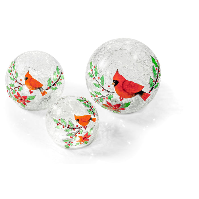 Red Co. Set of 3 (6”, 5”, 4”) Clear Glass Light-Up Decorative Tabletop Christmas Ball Figurine with LED Lights, Cardinal Bird