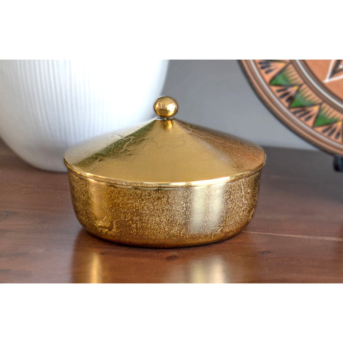 Red Co. 7” Dia Round Antique Decorative Textured Metal Bowl with Dome Knob Lid, Gold