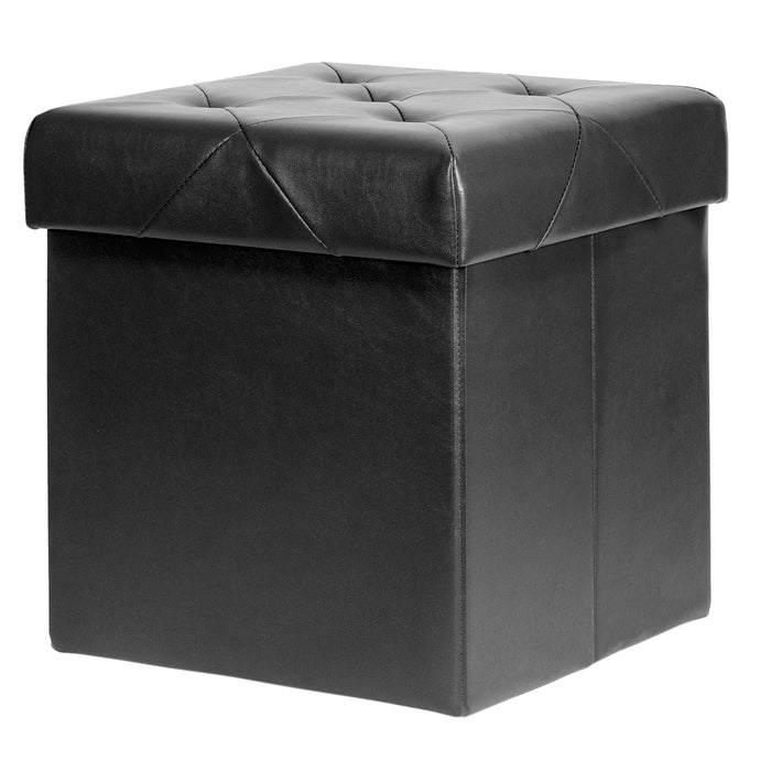 Red Co. Faux Leather Folding Cube Storage Ottoman with Padded Seat, 15" x 15" - Black