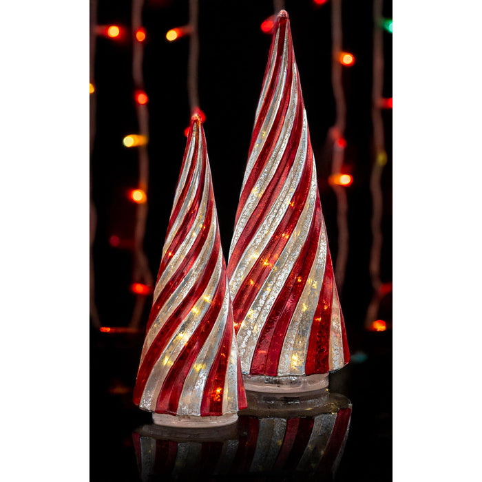 Red Co. Set of 2 (12.5” and 10”) Glass Light-Up Decorative Tabletop Christmas Tree Holiday Figurine with LED Lights, Festive Red & Silver Swirls