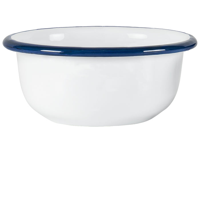 Red Co. Set of 4 Enamelware Metal 7 oz Mini Ice Cream Bowls, Solid White/Navy Blue Rim