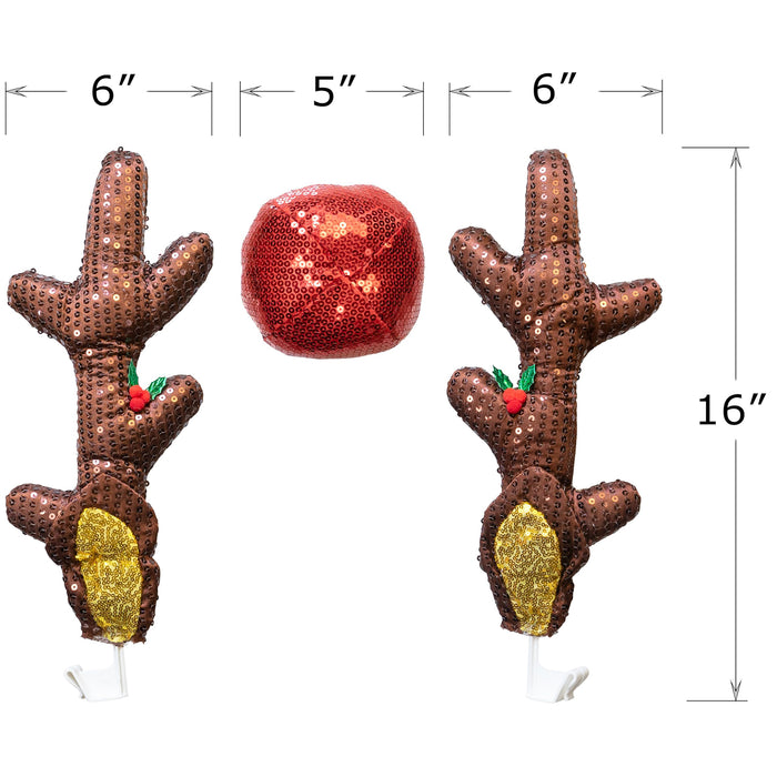 Red Co. 16” Sequined Reindeer Antlers & Nose Christmas Car Costume Kit, Dark Brown