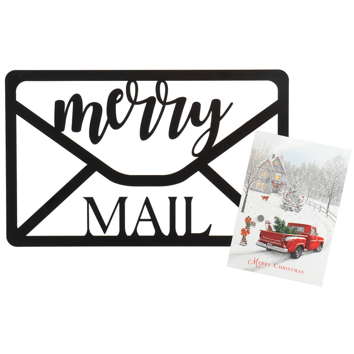 Red Co. 16” x 10” Decorative Merry Mail Metal Wall Display Christmas Card Holder with 20 Magnets – Black