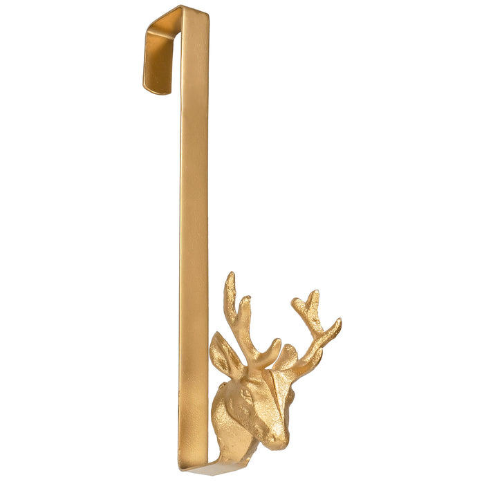 Red Co. 14” Decorative Golden Metal Front Door Christmas Wreath Hanger with Reindeer Tip