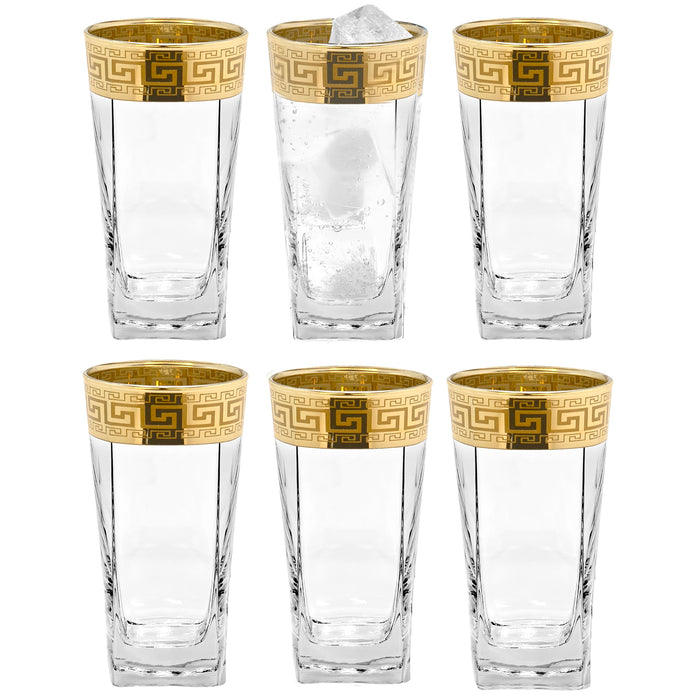 Red Co. Set of 6 Clear Decorated 10 Fl Oz Drinking Glasses with Golden Greek Key Trim – Highball