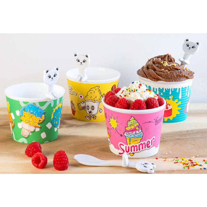 Red Co. Set of 4 Reusable 10 Oz Stackable Ice Cream Bowl Cups with Spoons, Assorted Colors and Patterns