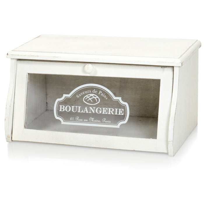Red Co. 14”x 7” Distressed Wood Bread Storage Box with Acrylic Front & Knob Handle, White