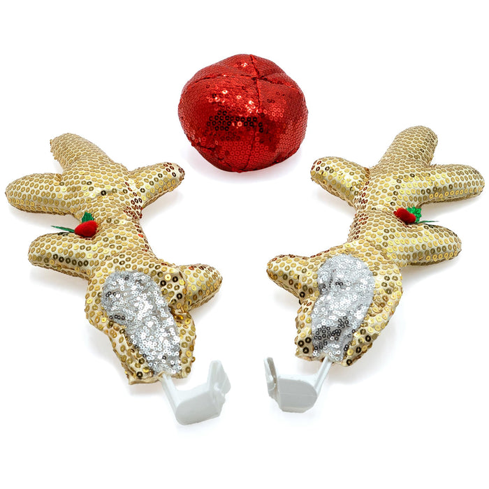 Red Co. 16” Sequined Reindeer Antlers & Nose Christmas Car Costume Kit, Light Brown