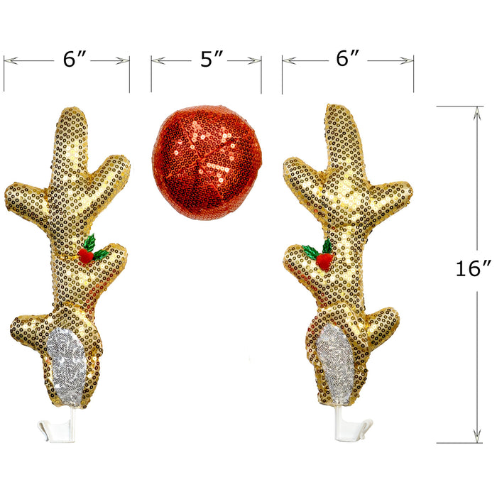 Red Co. 16” Sequined Reindeer Antlers & Nose Christmas Car Costume Kit, Light Brown