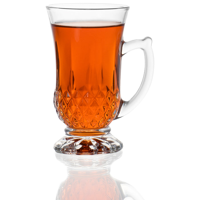 Red Co. 6-Pack Classic Clear Cut Glass 4.5 Oz Footed Turkish Tea Cups with Handles, Etched Design