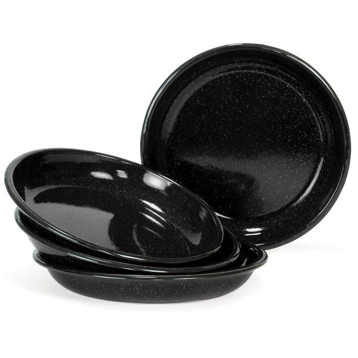 Red Co. Set of 4 Enamelware Metal 10” Round Camping Plates, White-Speckled Black/Black Rim