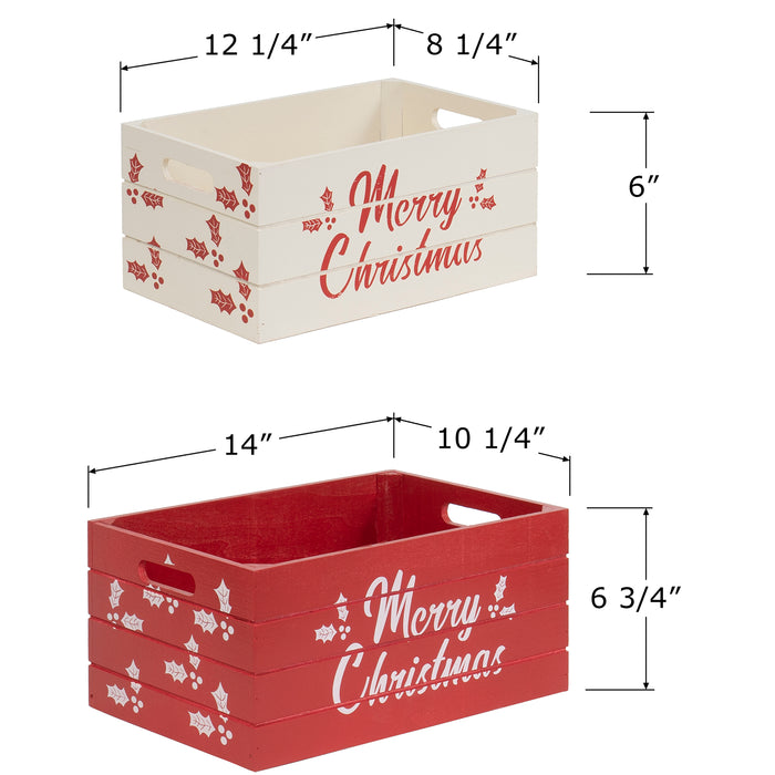 Red Co. Set of 2 Decorative Nesting Wooden Merry Christmas Storage Crate Organizers, Red and White
