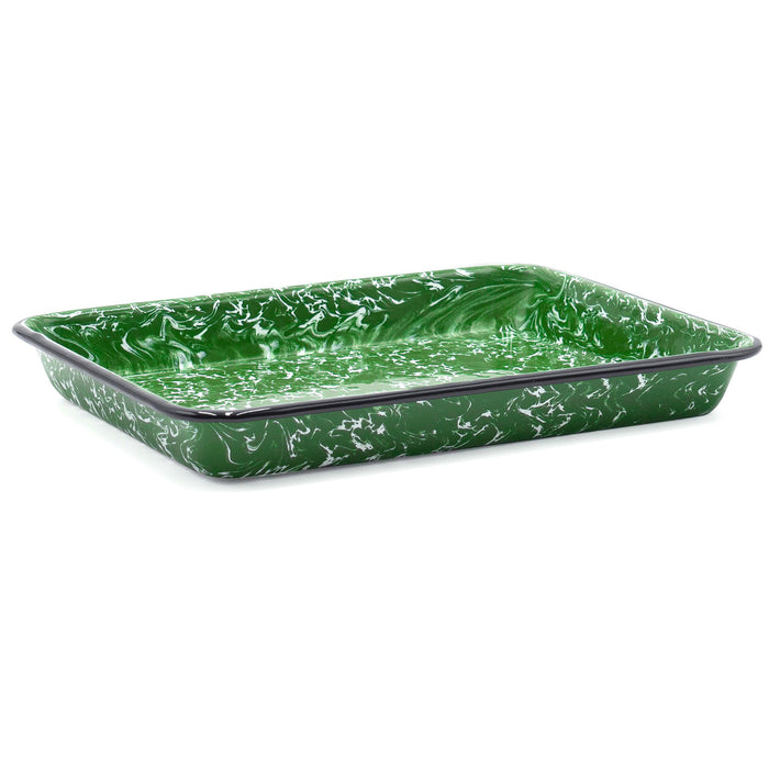 Red Co. 11" x 9" Enamelware Metal Classic 2 Quart Rectangular Serving Tray, Dark Green Marble/Black Rim - Splatter Design
