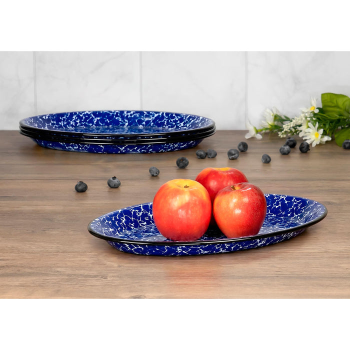 Red Co. Set of 4 Enamelware Metal Classic 13" Serving Oval Tray Platter, Navy Blue Marble/Black Rim - Splatter Design