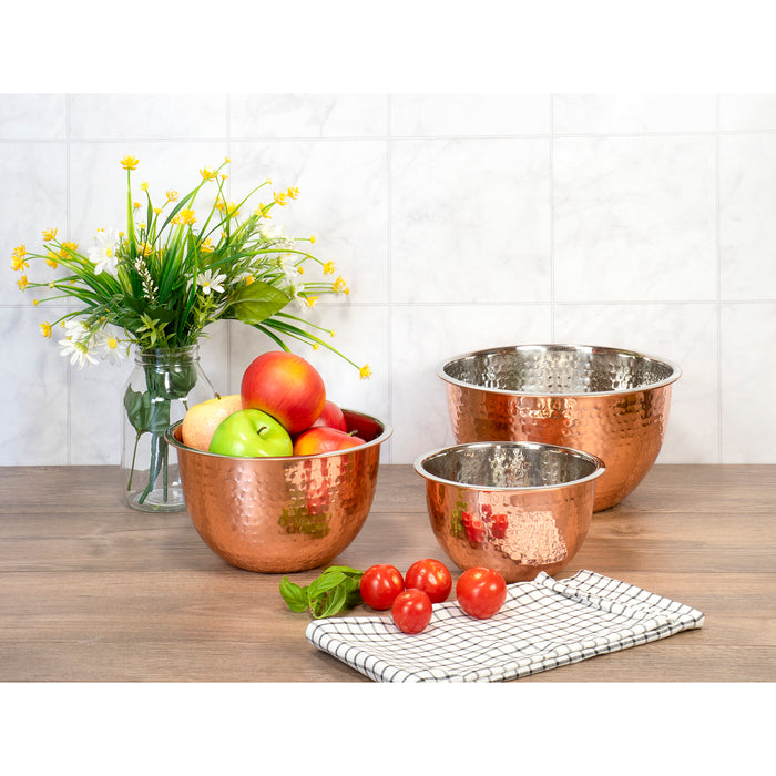 Red Co. Set of 3 Stainless Steel Nesting Mix and Serve Bowls, 5, 3, and 1.5 Qt. - Hammered Copper Finish