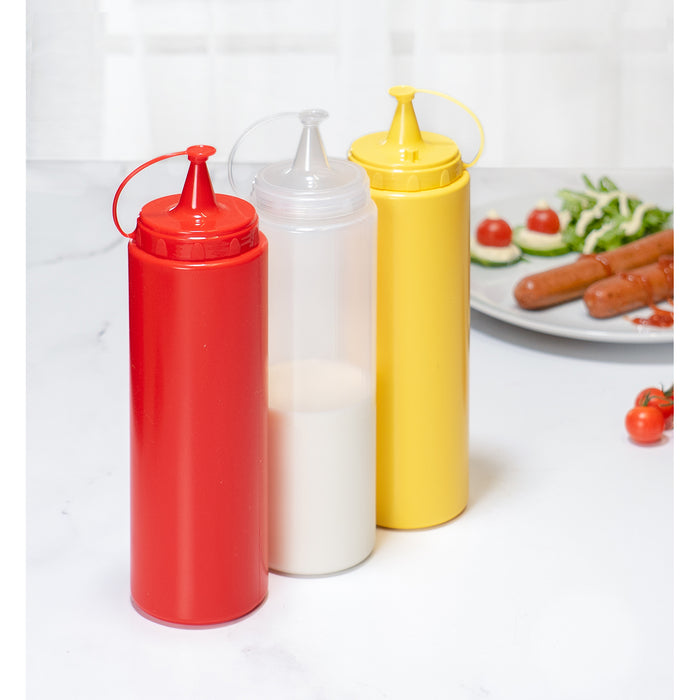 Red Co. Set of 3 Reusable 23.6 Oz Condiment Sauce Squeeze Bottles – Red, Yellow, Clear