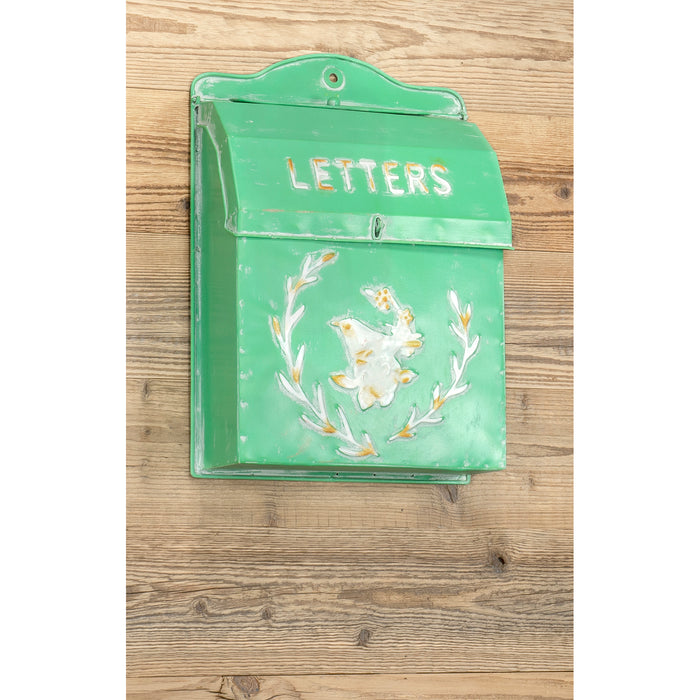 Red Co. 10.5” x 15” Farmhouse Letters Embossed Metal Wall-Mount Mailbox, Distressed Mint Green